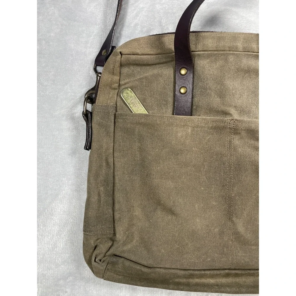 J. Stark Waxed Canvas Briefcase Messenger Bag Olive Brown Leather Strap USA